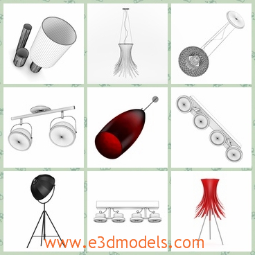 3d model the lamps for different usages - This is a 3d model of the collection of the lamps,which are various and different from one another.There are floor lamps,table lamps and ceiling lamps.