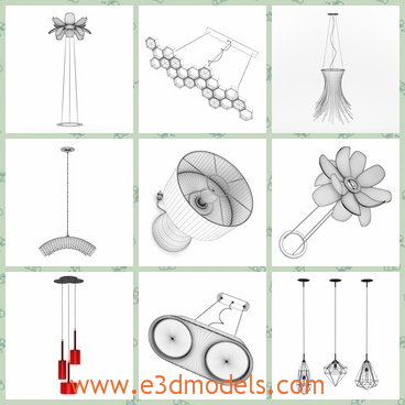 3d model the lamps in different shapes - This is a 3d model of the lamps in different shapes,which are pretty and various.The model can be find in the ceilings ,the floors and the tables.
