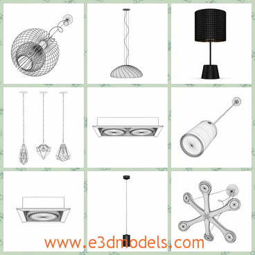 3d model the lights in different shapes - This is a 3d model about the lights in different shapes,which are colorful and various.The model includes the table track,the ceiling lamp,the table lamp,the floor lamp and many more.