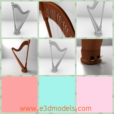3d model of a harp - This is a 3d model about a wooden harp. This harp has many thin strings of different lengthes.The wooden part is very large with an elegant shape and nice brown color.