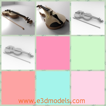 3d model of violin and bow - There is a 3d model which is about a violin and a bow. This violin has smooth yellow surfaces and it has thin but solid strings.