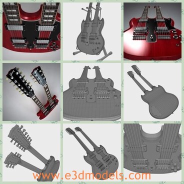 3d model red guitar with double necks - This is a 3d model of the red guitar with double necks,which is special and required more energy to practice.