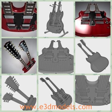 3d model red guitar with double necks - This is a 3d model of the red guitar with double necks,which is special and required more energy to practice.