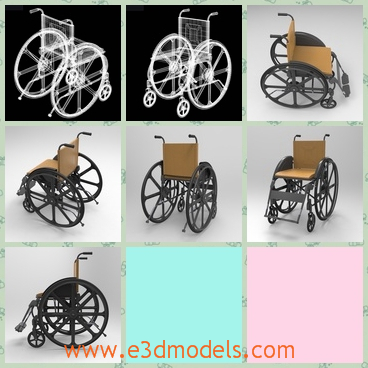 3d model the wheel chair - This is a 3d model of the a chair with wheels,designed to be a replacement for walking. The device comes in variations where it is propelled by motors or by the seated occupant turning the rear wheels by hand.