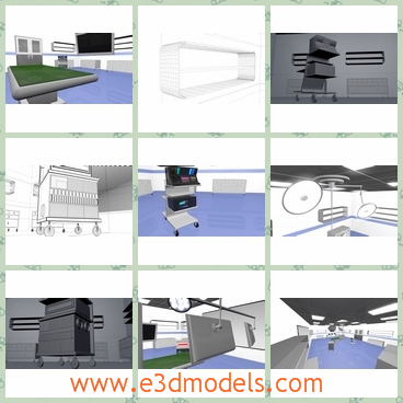 3d models of a surgical operation room - These are 3d models about a surgical operation room in which has a white ceiling with lighting, and filled with operation tables and other medical equipments.This project includes 1 texture Scope.png and 17 procedural custom materials which can be used in your other projects after saving them.