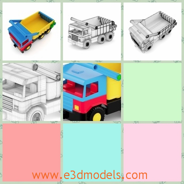 3d model of a dump trunk toy - This 3d model is about a dump trunck toy which has six wheels and a long trunk in bright yellow color.