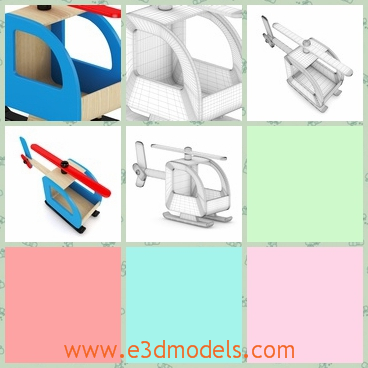 3d model of a helicopter toy - This is a 3d model which is about a wooden helicopter toy. This helicopter has a blue body and a red propeller.