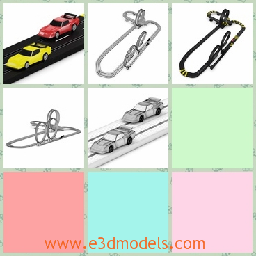 3d model of a racing track toy - This 3d model is about a racing track toy which consists a long black track made of placts and on the track we can see two toy cars.