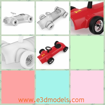 3d model of a red toy car - There is a 3d model which is about a cute toy car. This toy car is made of plasic and it has a red body with four black wheels.