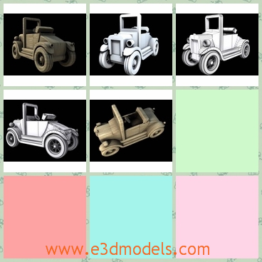 3d model of a toy car - This is a 3d model of a simple yet awesome wooden car. This car has a tall body and four big wheels.