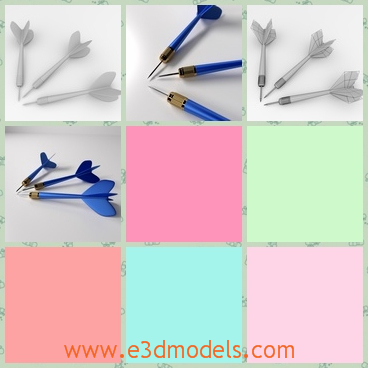 3d model of darts - There we have a 3d model which is about three darts. These darts are blue and have a thin needle and a pretty tail.