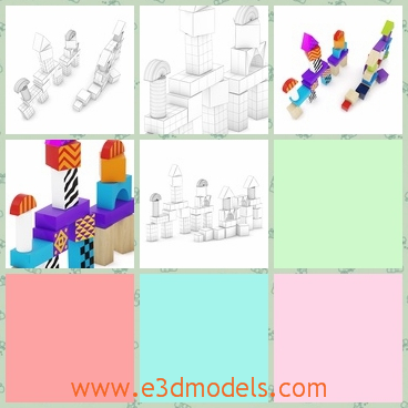 3d model of wooden blocks - This 3d model is about wooden blocks. This wooden blocks consists of many small colorful parts and children can use them to build many things.