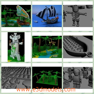 3d model the collection of stuffs - This is a 3d model of the collection of stuffs,which includes the toy,the pirate,the boat,the waterfall and the palm tree.