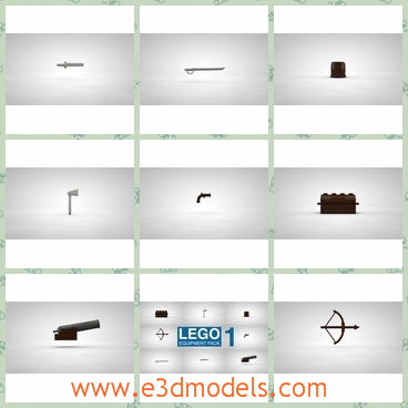 3d model the pack of Lego - This is a 3d model of the pack of LEgo,which is the plastic weapon.The pack consists of 9 original lego goods: 1. Sword-a2. Sword-b3. Pistol4. Cannon with a cannon ball5. Bow6. Shotgun7. Axe8. Barrel9. Chest.