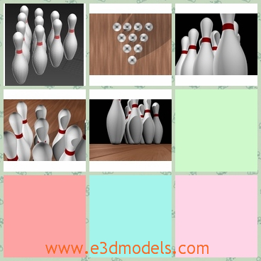 3d model the pins of Bowling - This is a 3d model of the pins of Bowing,which are white and made in high quality.A set of bowling pins that can be animated separately and displayed in any bowling alley.