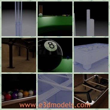 3d model the pool table - This is a 3d model of the pool table,which includes the regular set of balls and strips.The inside of the pool is modeled also with the regular ball paths.