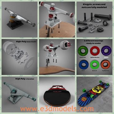3d model the skateboard - This is a 3 model of the skateboard,which contains 7 Different Textured wheels.- Contains 5 Different Textured Bearings