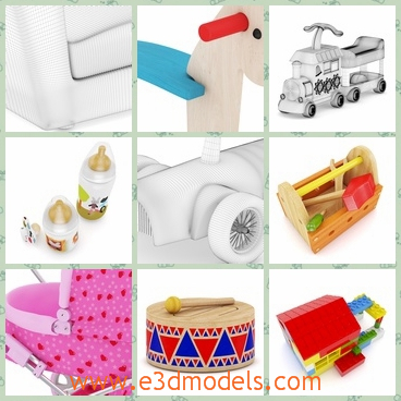 3d models of cute toys - These are 3d models which are about some cute toys. There we can see a tiny dollhouse, a drum, a toy car and so on.