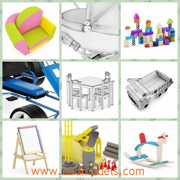 3d models of toys - These 3d models are about toys which include balls, wooden blocks, a racing track, a scooter, a truck and so on.