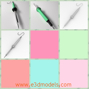 3d model of a soldering iron - There are several pictures which is about a 3d model. This model shows us a modering iron. It has a green handle and a sharp iron needle on one end.