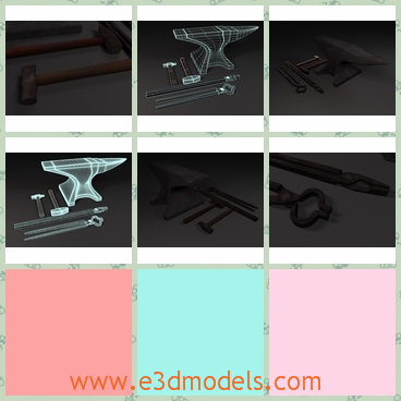 3d model the collection of tools - This is a 3d model of the collection of tools,which includes a hammer,an anvil,a smithy and the tongs.