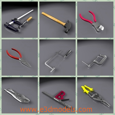 3d model the hand tools - This is a 3d model of the hand tools,which is the common tools in the life.The model includes a boxwrench set, channel lock, combination square, needle nose and square nose pliers.