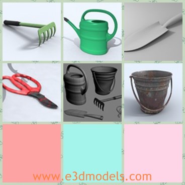 3d model the tools - This is a 3d model of the gardening tools,which includes the bucket,the pail,the clipper,the scissors,the spade,the trowel and the rake.
