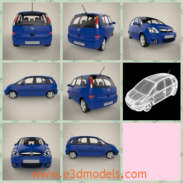 3d model a blue Opel car - This is a 3d model of the Opel car,which is made in German.The car is blue with an antenna in the back.
