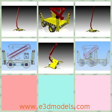 3d model a minicrane in yellow - This is a 3d model of a minicrane in yellow,whcih has two parts: the mobile base with hydraulic jacks, and the lifting component which is articulated and hydraulic. These are coupled together through a swivel, allowing the top to swing from side to side.
