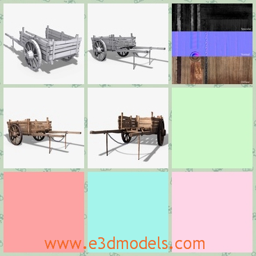 3d model a wooden cart with two wheels - This is a 3d model about a wooden cart,which has two wheels and it is hold be two sticks.The model can be pushed be a horse.