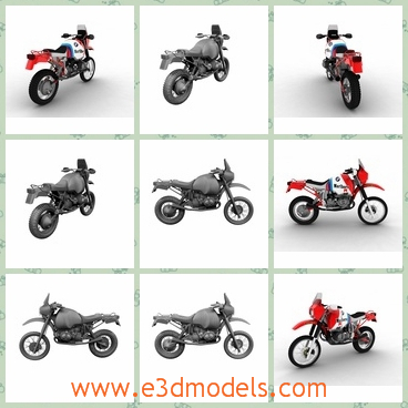 3d model of a BMW motorcycle - This is a 3d model of a BMW GS980R Dakar 1985 which is made in 3ds max 2010 and it is compatible with 2010 and later versions. This motorbike is light and has red and black colors.