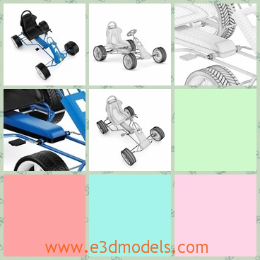3d model of a pedal car - This is a 3d model which shows us a blue pedal car for little children. It has black wheels and a black seat.