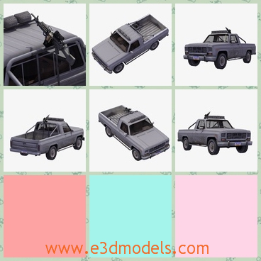 3d model of a pickup gun trunk - This 3d model is about a trunk which includes a full cab interior, and M249 machine gun mounted on rear rack. It is typical of special forces vehicles used in conflicts such as Afghanistan.