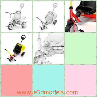 3d model of a tricycle - This 3d model is about a small tricycle for children. This tricycle has a black plastic seat and three wheels.