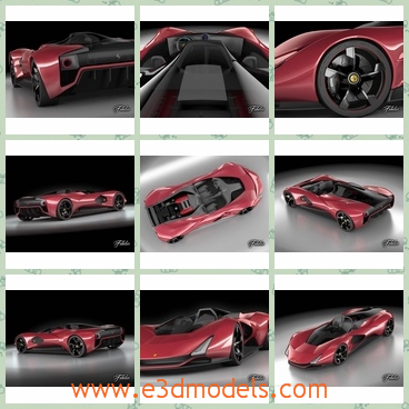 3d model of Aliante concept car - This is an Aliante concept rigged 3d model which has a long flat body and a  black interior. The exterior of the car is red and it has four small black wheels.