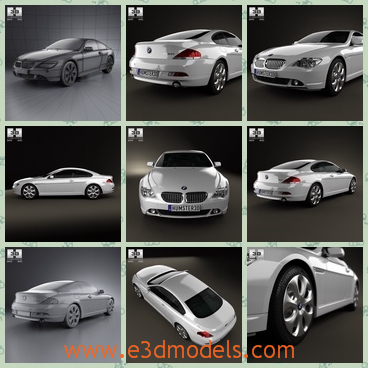 3d model of BMW series E63 coupe - This 3d model is about a luxurious BMW car. This car is long and flat and it has a shiny white surface and bright headlights.