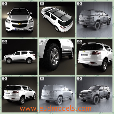 3d model of Cherolet Trailblazer - There is 3d model about the famous Cherolet Trailblazer which is a big white car. This model is created accurately, in real units of measurement so it is qualitatively and maximally close to the original.
