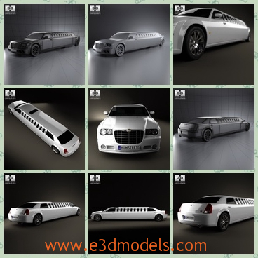 3d model of Chrysler 300C limousine - This is a 3d model of a dashiny Chrysler 300C limousine which has a extremely long body and a shiny white surface. The windows and wheels are all black.