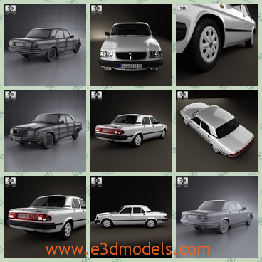 3d model of GAZ 3110 Volga - This is a model of a GAZ 3110 Volga which is a long car with a shiny white surface. This car has a tall roof and a wide lordly bonnet.
