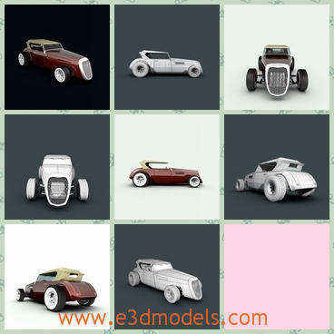 3d model of Hot Rod - This 3d model is about a cute car which is small and narrow and it has smooth brown surfaces and shiny white wheels.