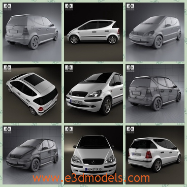 3d model of Mercedes Benz a class w168 - This 3d model is about a white Mercedes Benz a class w168. This car is relatively short and has a tall roof and it has a wide windscreen.