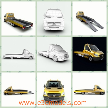 3d model of Mercedes Benz Sprinter tow track - This 3d model is about a Mercedes Benz Sprinter tow track. This track has yellow paints and a big head with a long track.