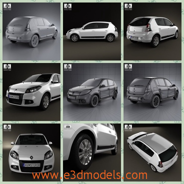 3d model of Renault car - This 3d model is about a cute white Renault hatchback. This car has a wide smooth roof and big shiny wheels.