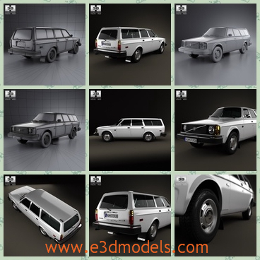 3d model of Volvo 245 wagon - This 3d model is about a Volvo245 wagon which is a long car with a long roof and it has six doors and four big wheels.