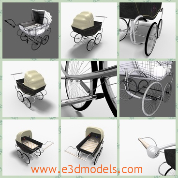 3d model the baby buggy with wheels - This is a 3d model of the baby buggy with wheels,which is made for the infants and the textures are fine and attractive.