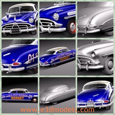 3d model the blue classic car - This is a 3d model of the blue classic car of Hudson,which was first made in 1951.The model is made with the brand Hudson Hornet on the body.