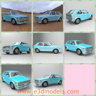 3d model the blue compact car - This is a 3d model of the blue compact car,which is a compact car / small family car that Volkswagen manufactures. The front-wheel drive Golf was Volkswagen's first successful replacement for the air-cooled Volkswagen Beetle.
