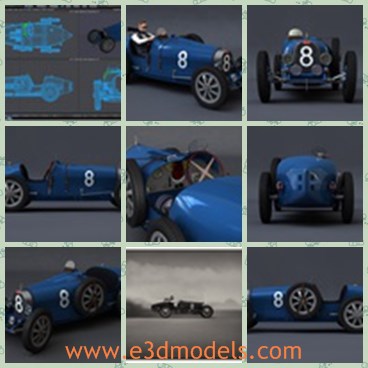 3d model the blue racing car in 1920s - This is a 3d model of the blue racing car in 1920s,which is the classic style done by Lightwave.Car model is the item for sale, all other items are free extras to show what can be done with the car.