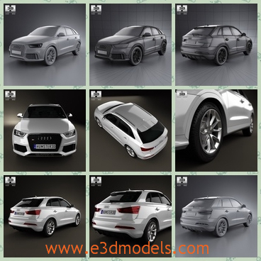 3d model the car of Audi - This is a 3d model of the car of Audi,which is a small compact in Germany.The  model is provided combined, all main parts are presented as separate parts therefore materials of objects are easy to be modified or removed and standard parts are easy to be replaced.
