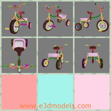 3d model the child bike - This is a 3d model of the child bike,which is colorful and cute.The model is made with three legs and a box on the rear.
